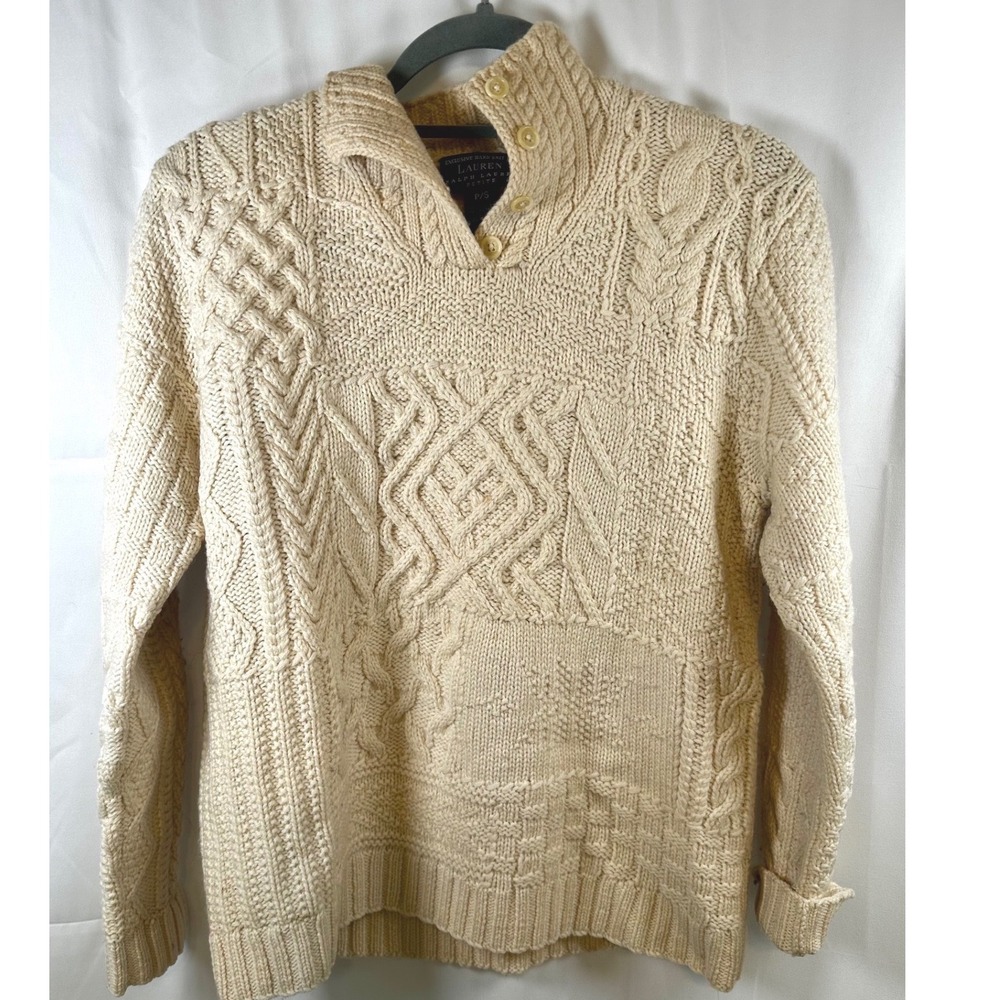 Lauren Ralph Lauren Petite Hand Knit Wool Cable Patchwork Sweater Cream P/S